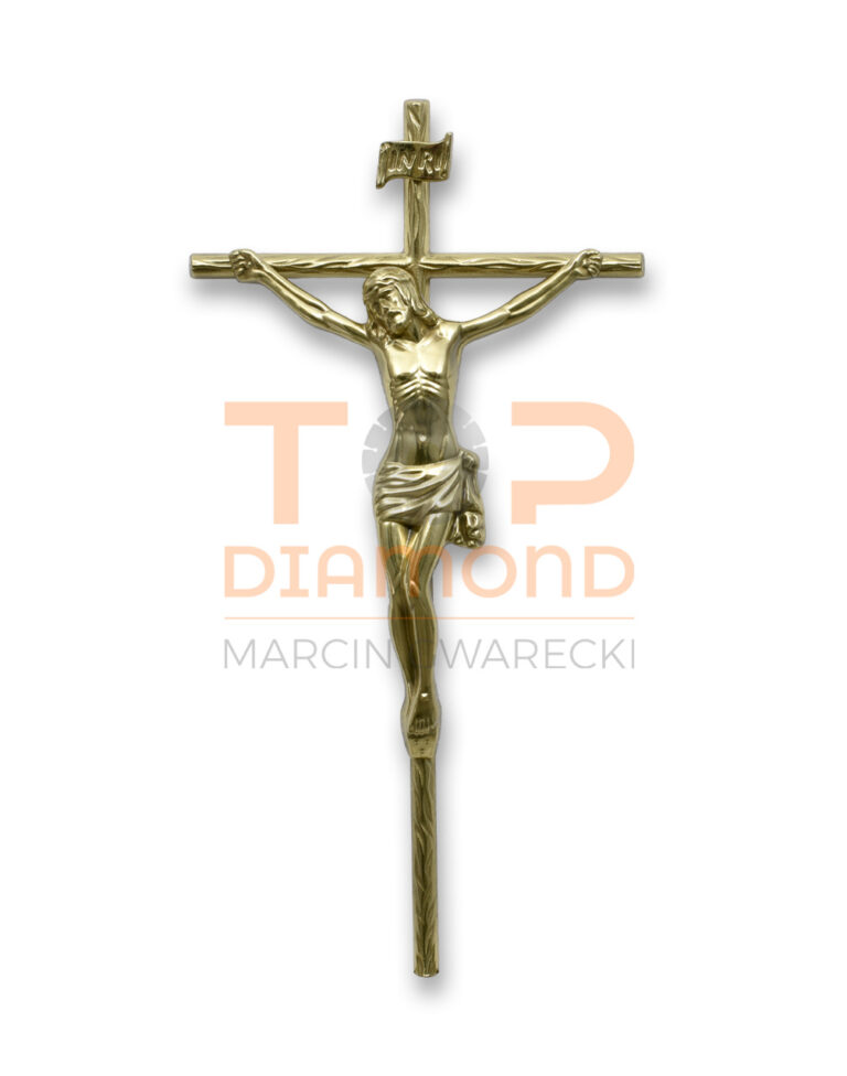 KRZYŻ MOSIĘŻNY "DRZEWKO INRI" ZŁOTY POLEROWANY - 44 cm Z WIZERUNKIEM