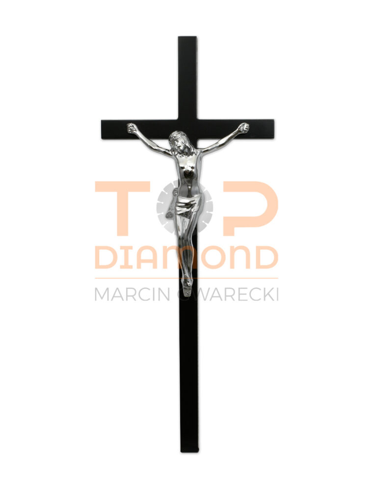 KRZYŻ 20x10mm PŁASKI CZARNY Z PASYJKĄ - 50 cm Z WIZERUNKIEM