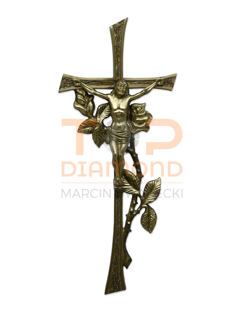KRZYŻ Z WIZERUNKIEM MOSIĘŻNY Z OPLATANĄ RÓŻĄ ZŁOTY - 47 cm
