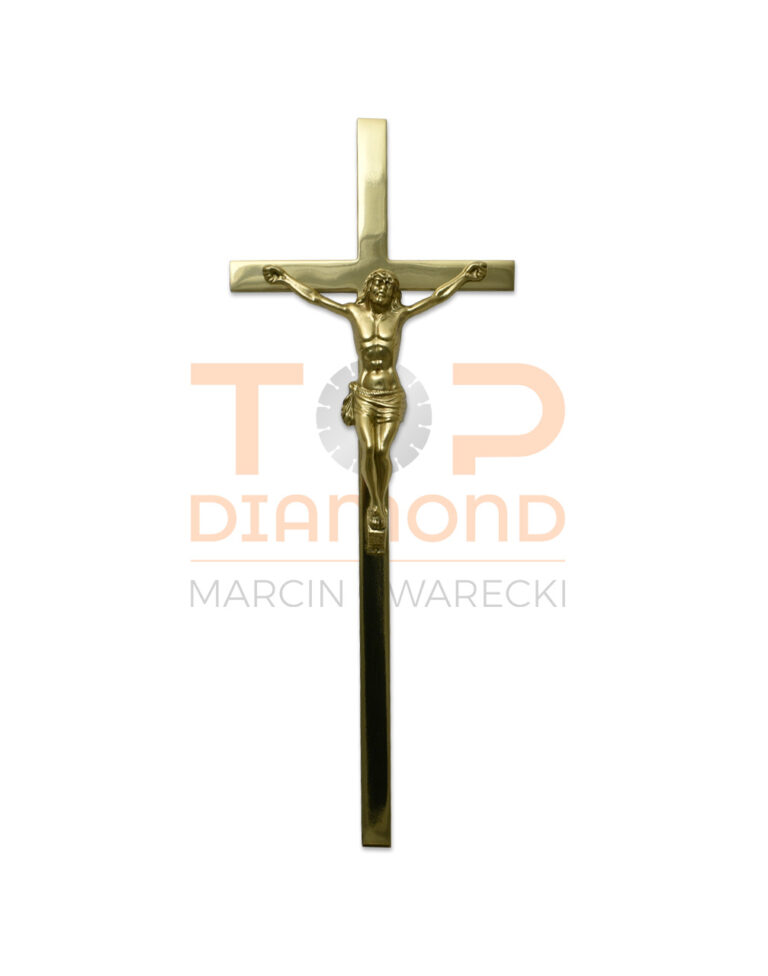KRZYŻ Z WIZERUNKIEM MOSIĘŻNY ZŁOTY PŁASKI 2x1